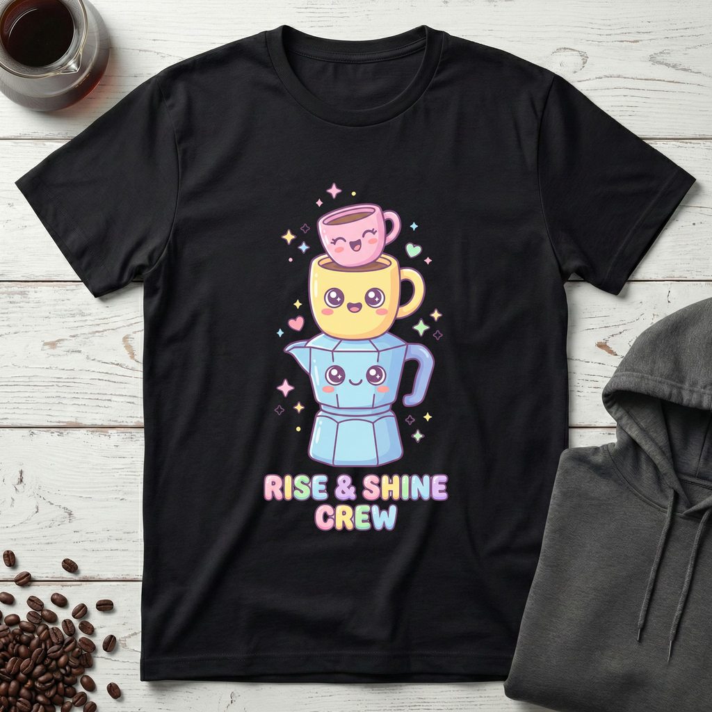 Rise and Shine Crew Kawaii Coffee Stack T-Shirt