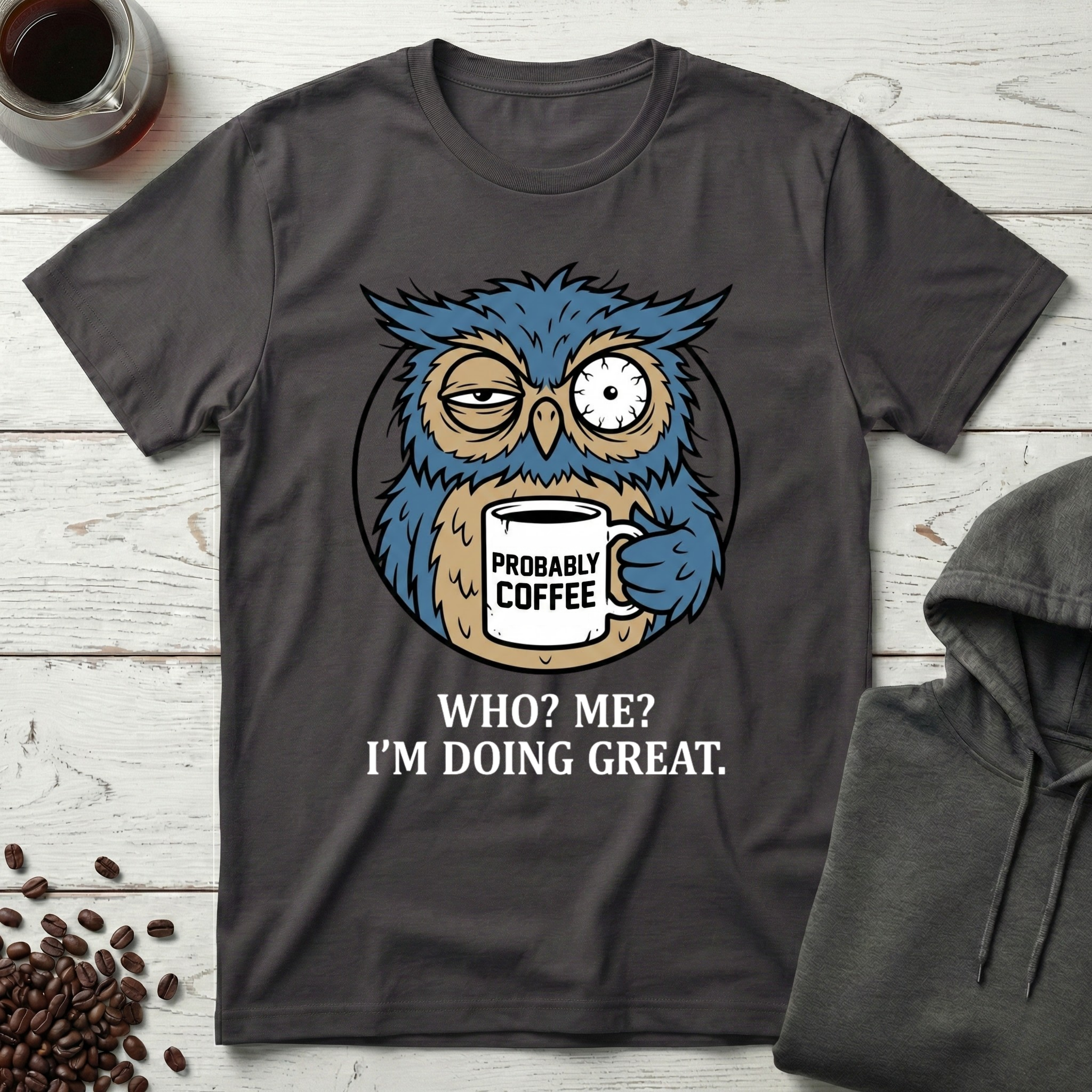 Who Me I'm Doing Great Probably Coffee Owl T-Shirt