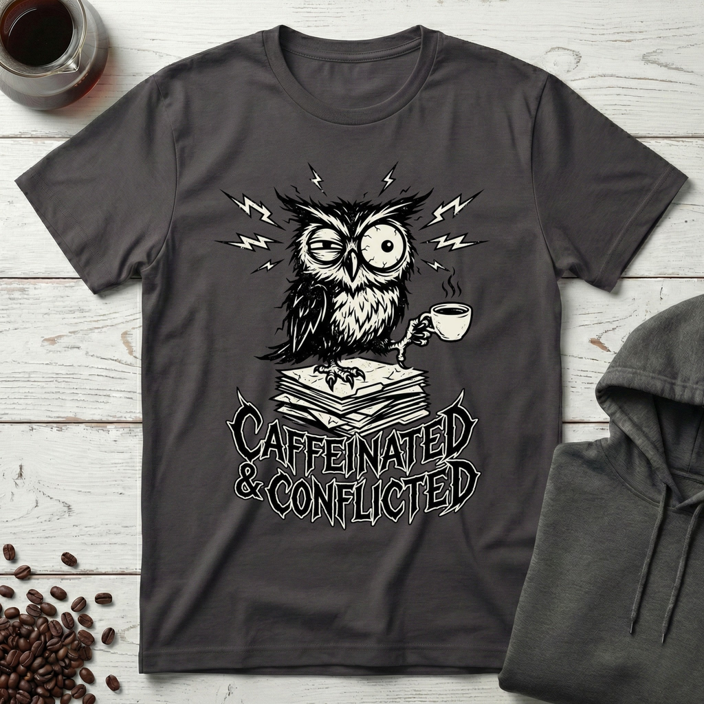 Caffeinated and Conflicted Owl T-Shirt