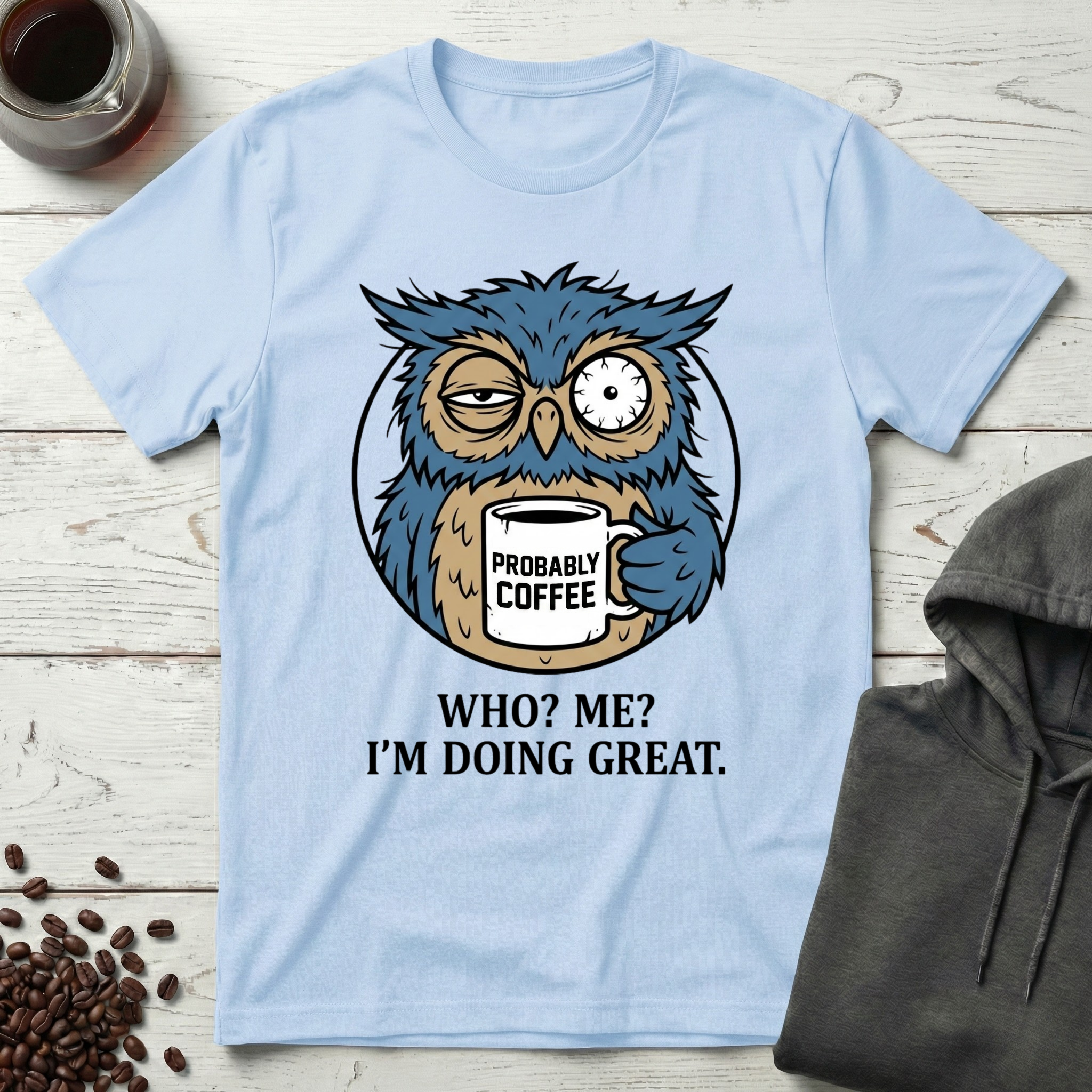 Who Me I'm Doing Great Probably Coffee Owl T-Shirt