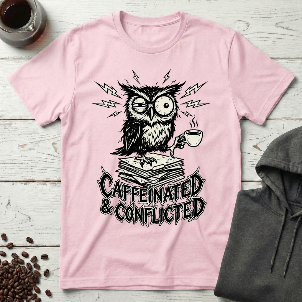 Caffeinated and Conflicted Owl T-Shirt