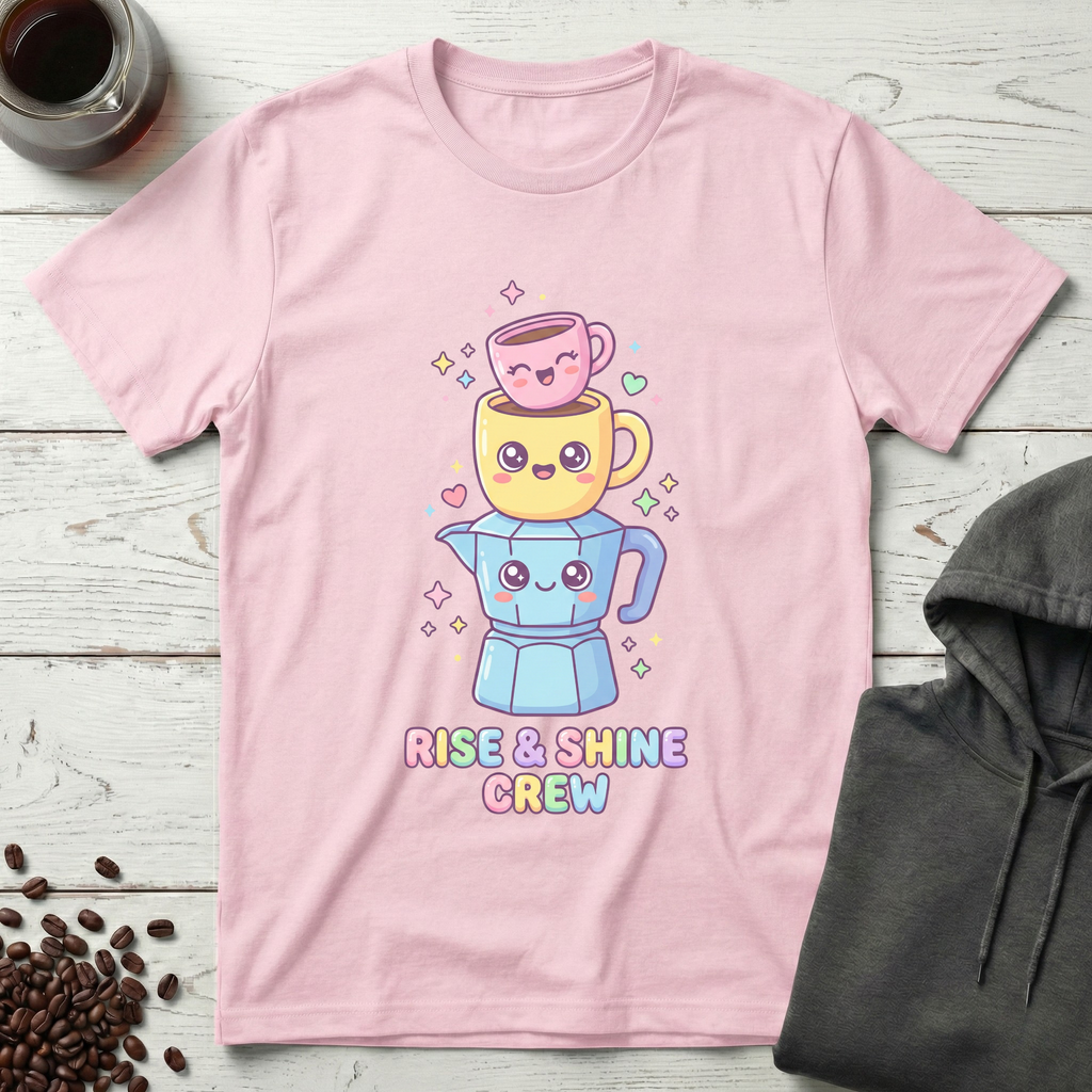 Rise and Shine Crew Kawaii Coffee Stack T-Shirt