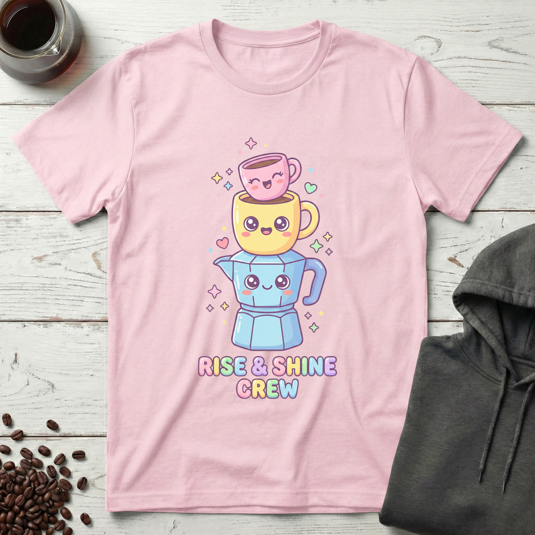 Rise and Shine Crew Kawaii Coffee Stack T-Shirt
