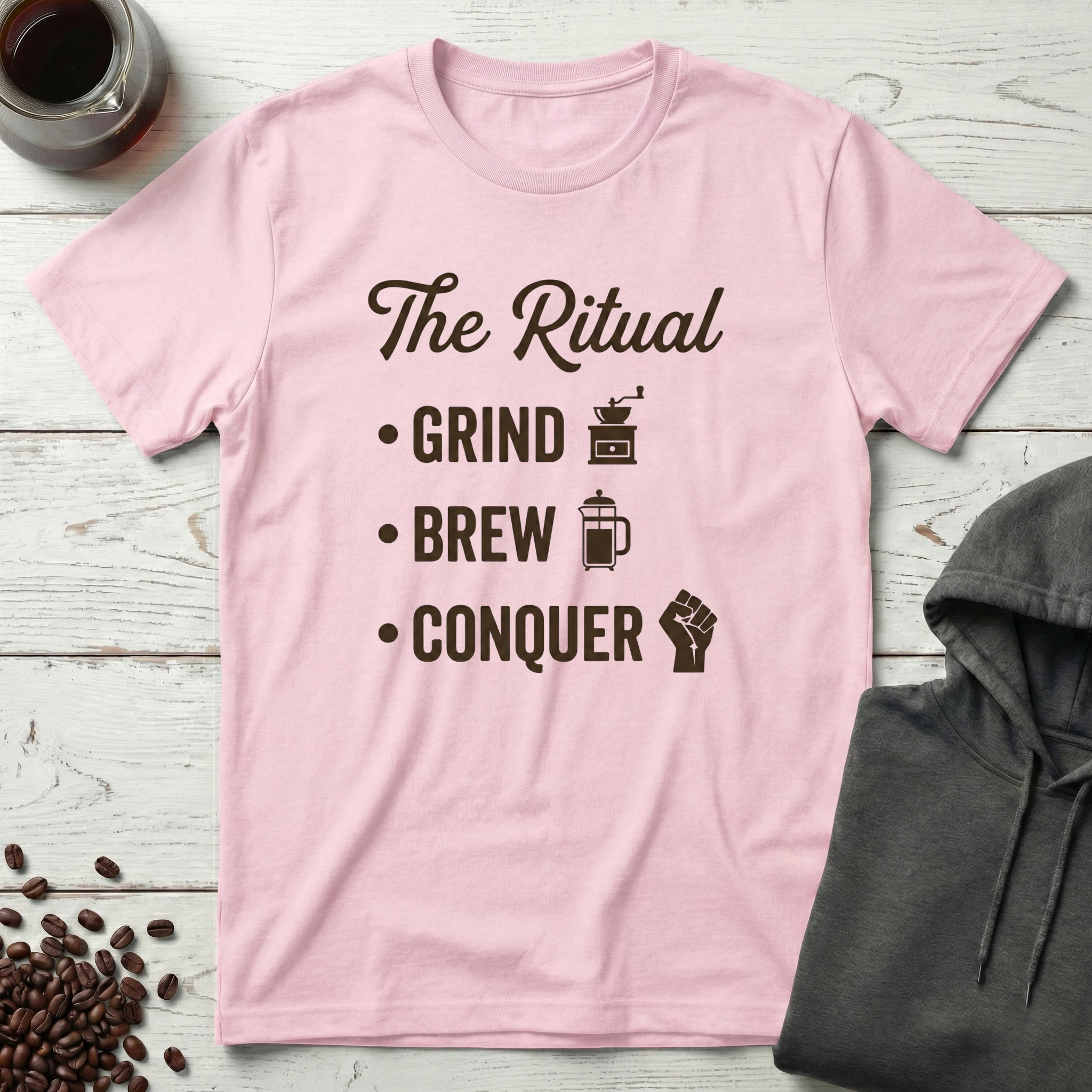 The Ritual Grind Brew Conquer Coffee T-Shirt