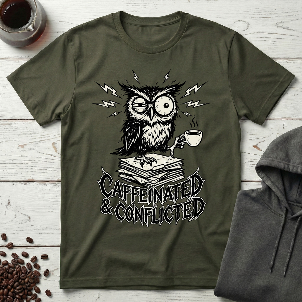 Caffeinated and Conflicted Owl T-Shirt