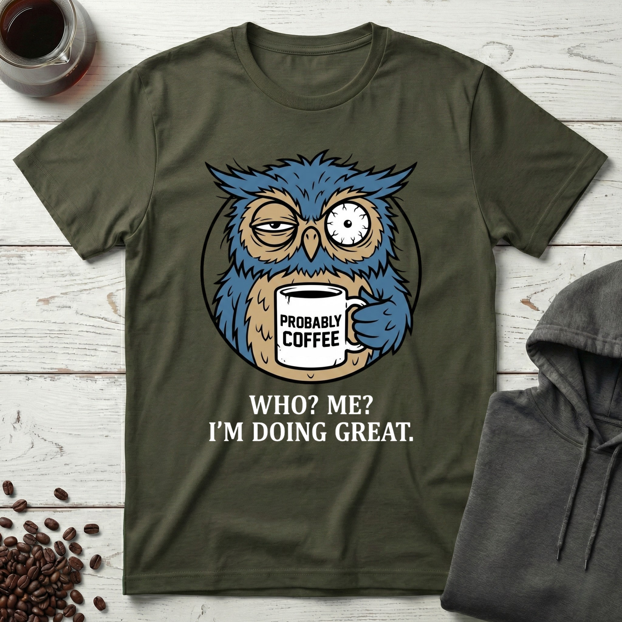 Who Me I'm Doing Great Probably Coffee Owl T-Shirt