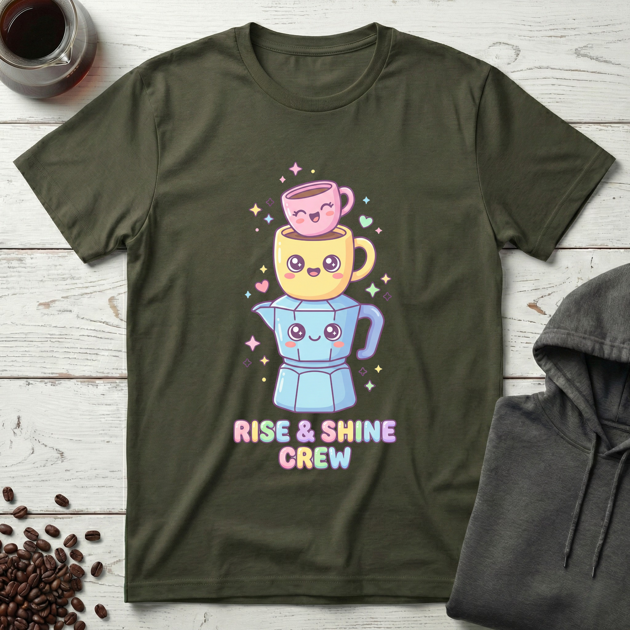 Rise and Shine Crew Kawaii Coffee Stack T-Shirt