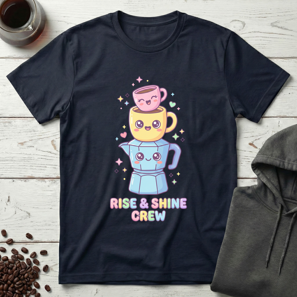 Rise and Shine Crew Kawaii Coffee Stack T-Shirt