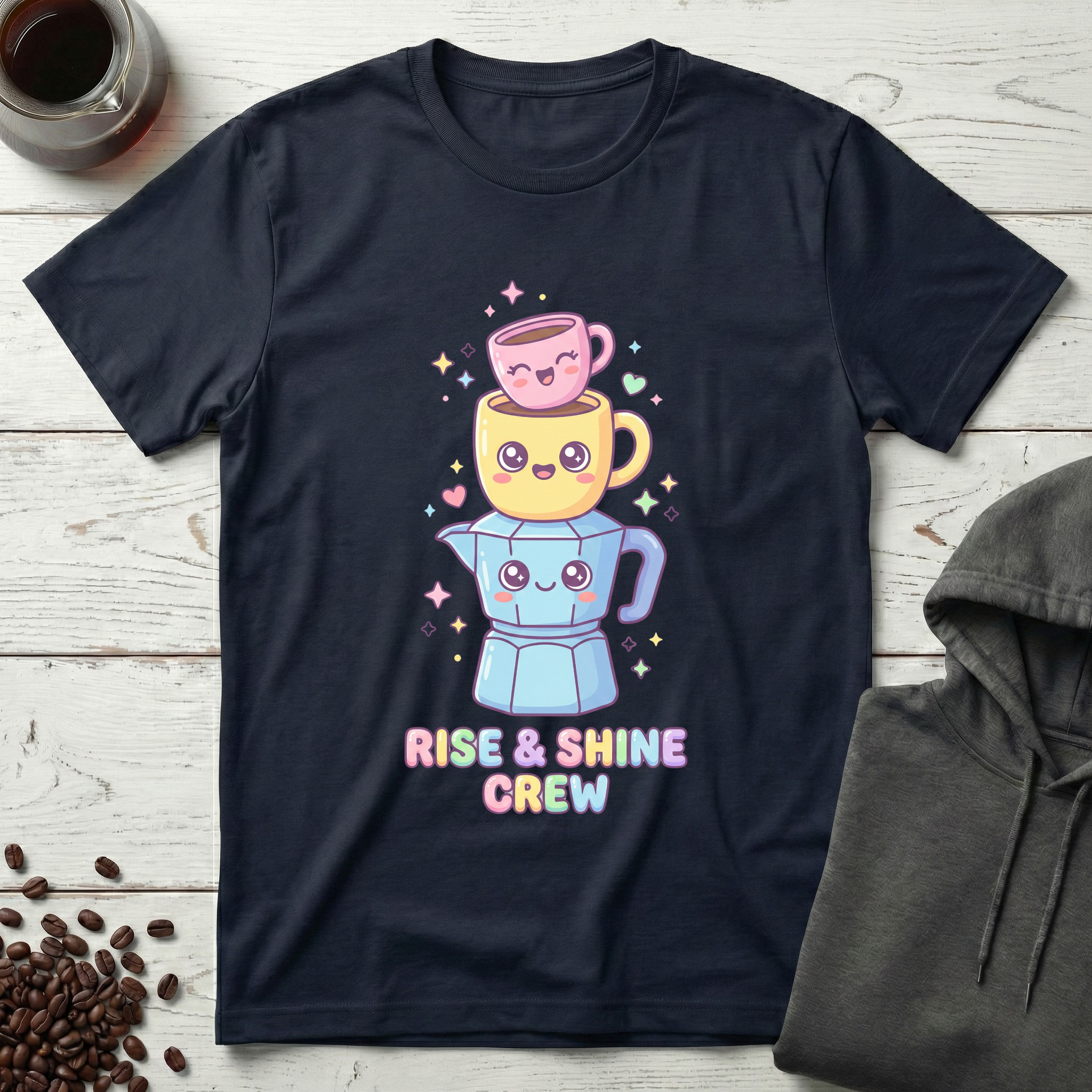 Rise and Shine Crew Kawaii Coffee Stack T-Shirt