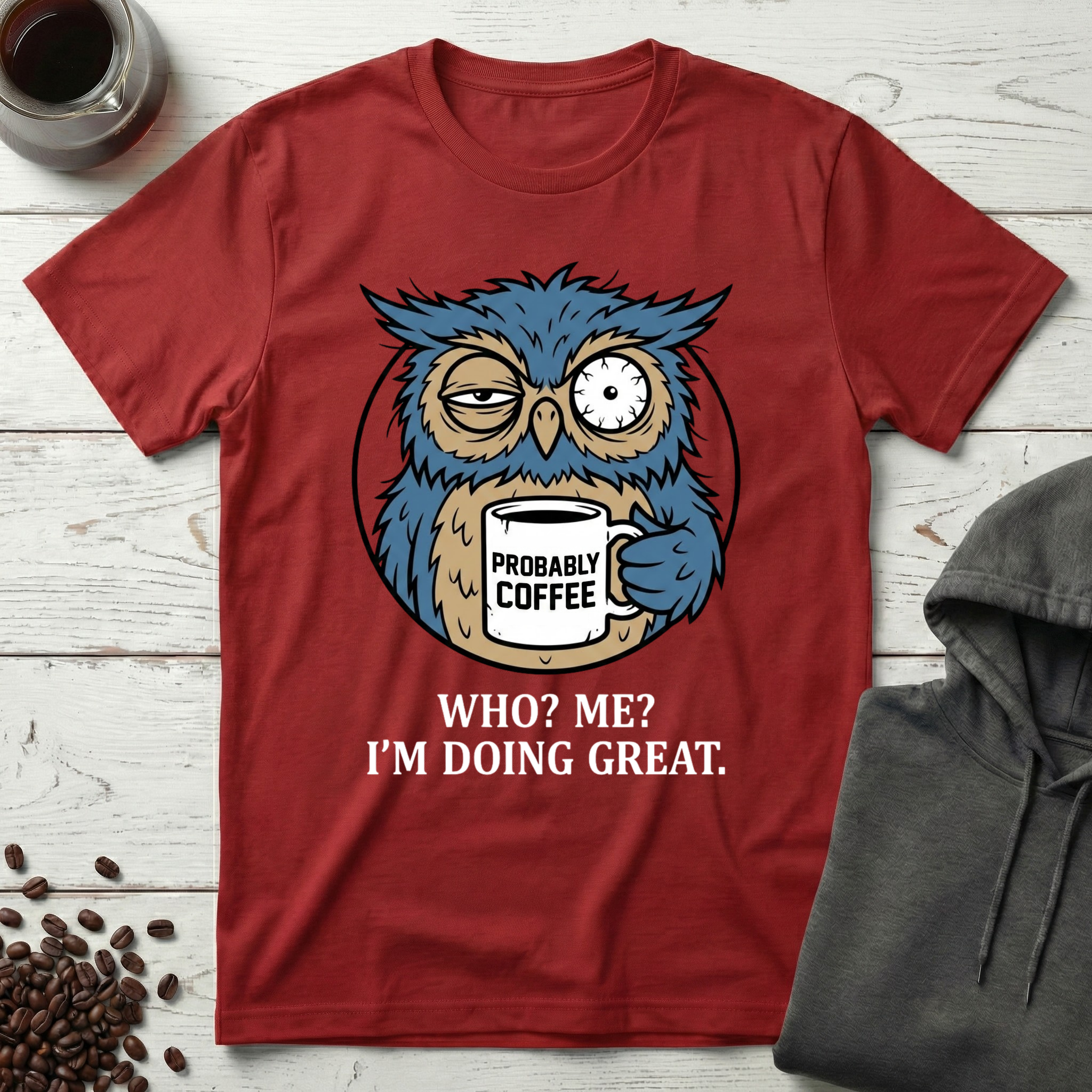 Who Me I'm Doing Great Probably Coffee Owl T-Shirt