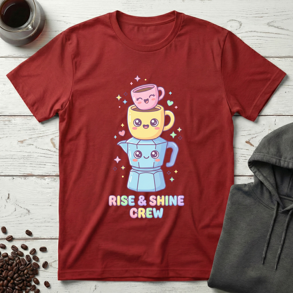 Rise and Shine Crew Kawaii Coffee Stack T-Shirt