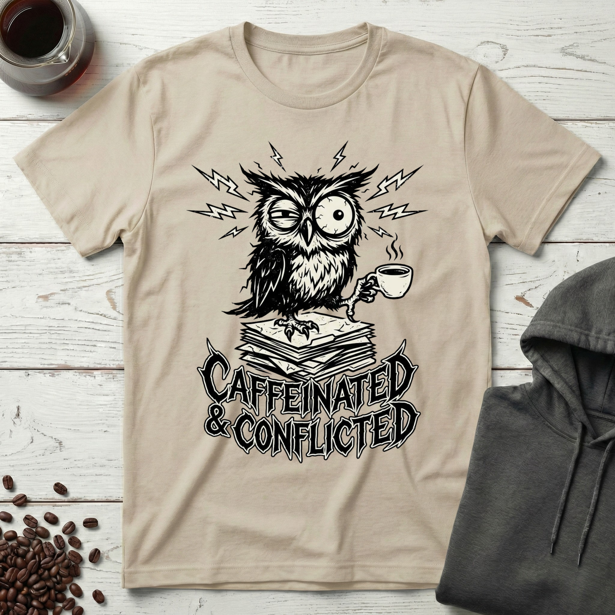 Caffeinated and Conflicted Owl T-Shirt