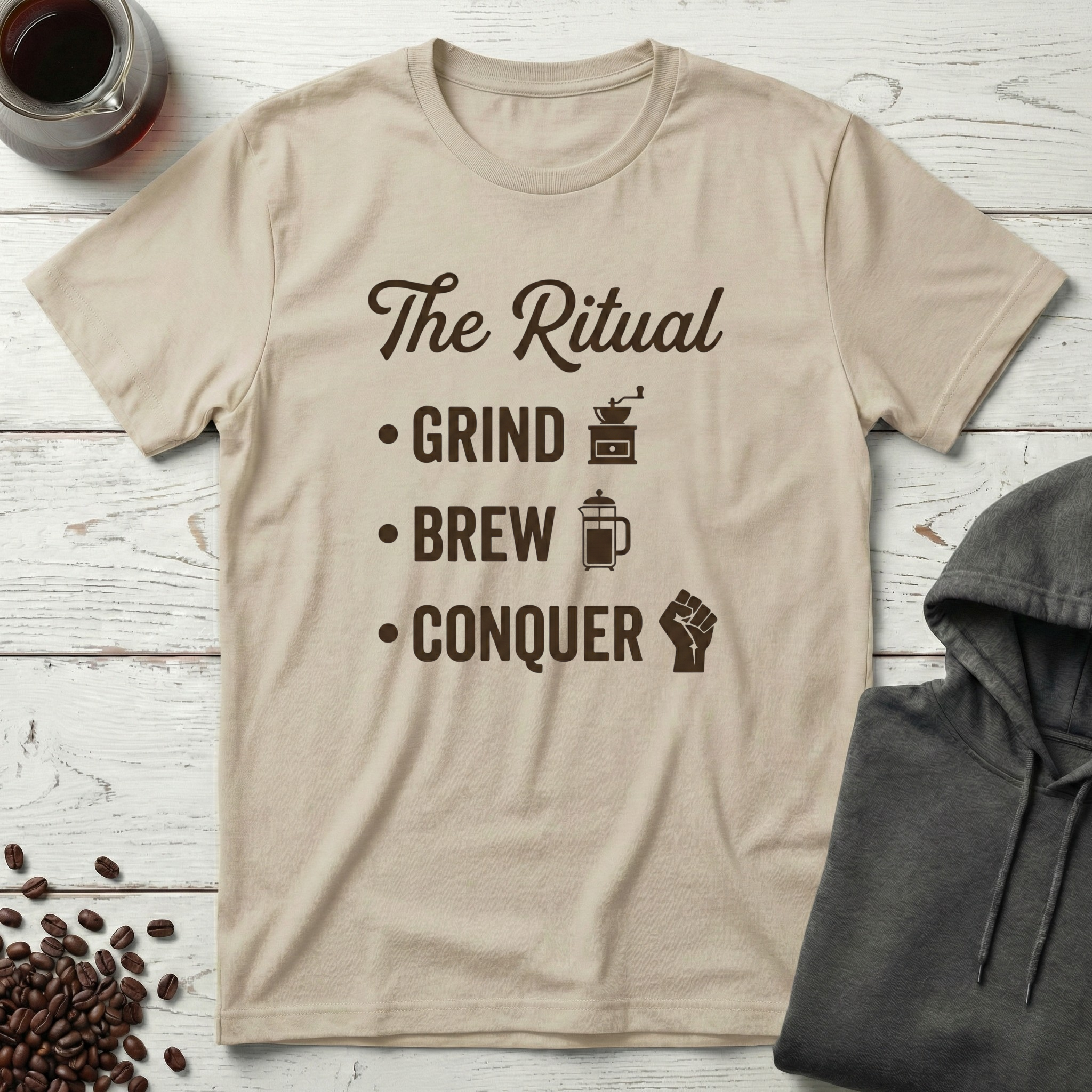 The Ritual Grind Brew Conquer Coffee T-Shirt