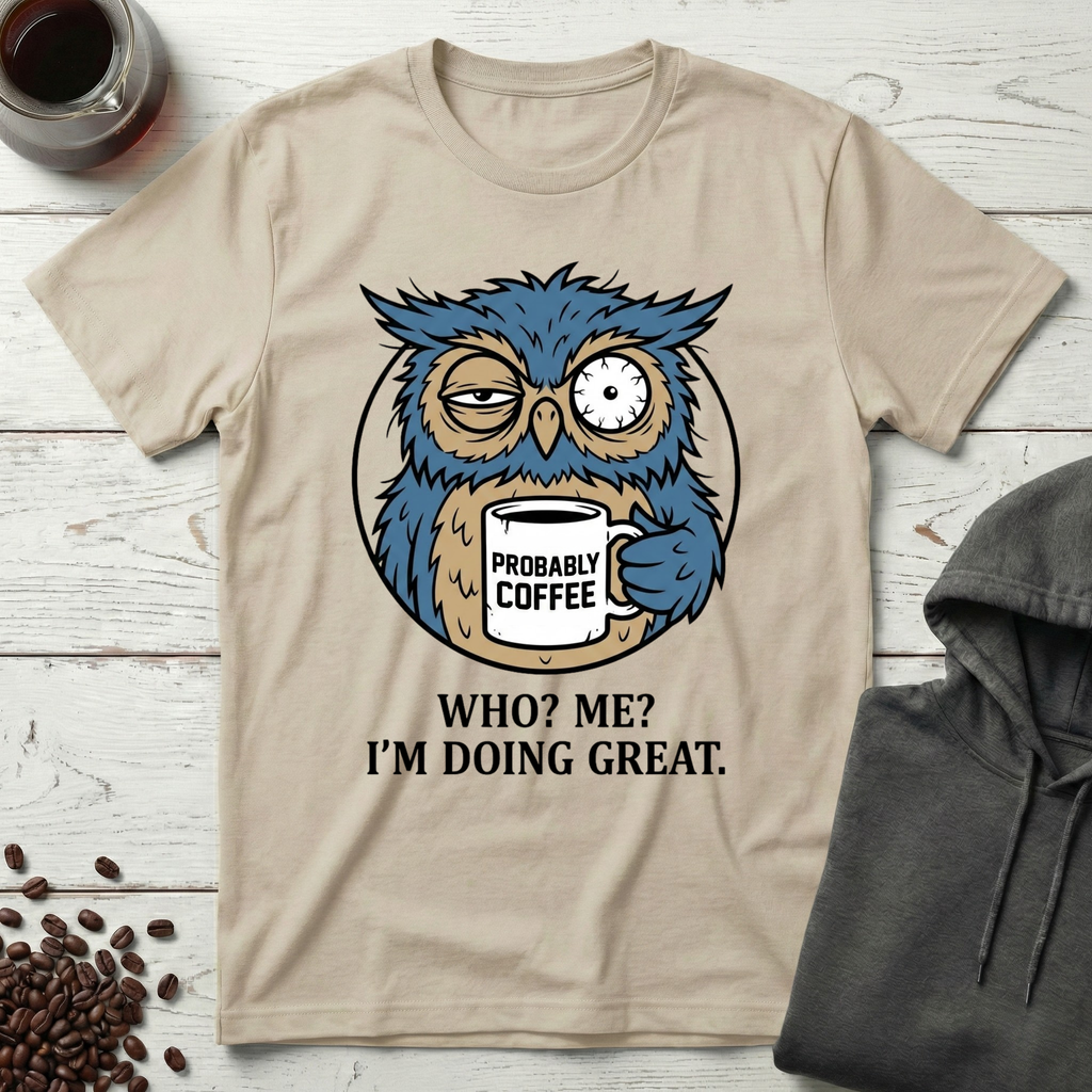 Who Me I'm Doing Great Probably Coffee Owl T-Shirt