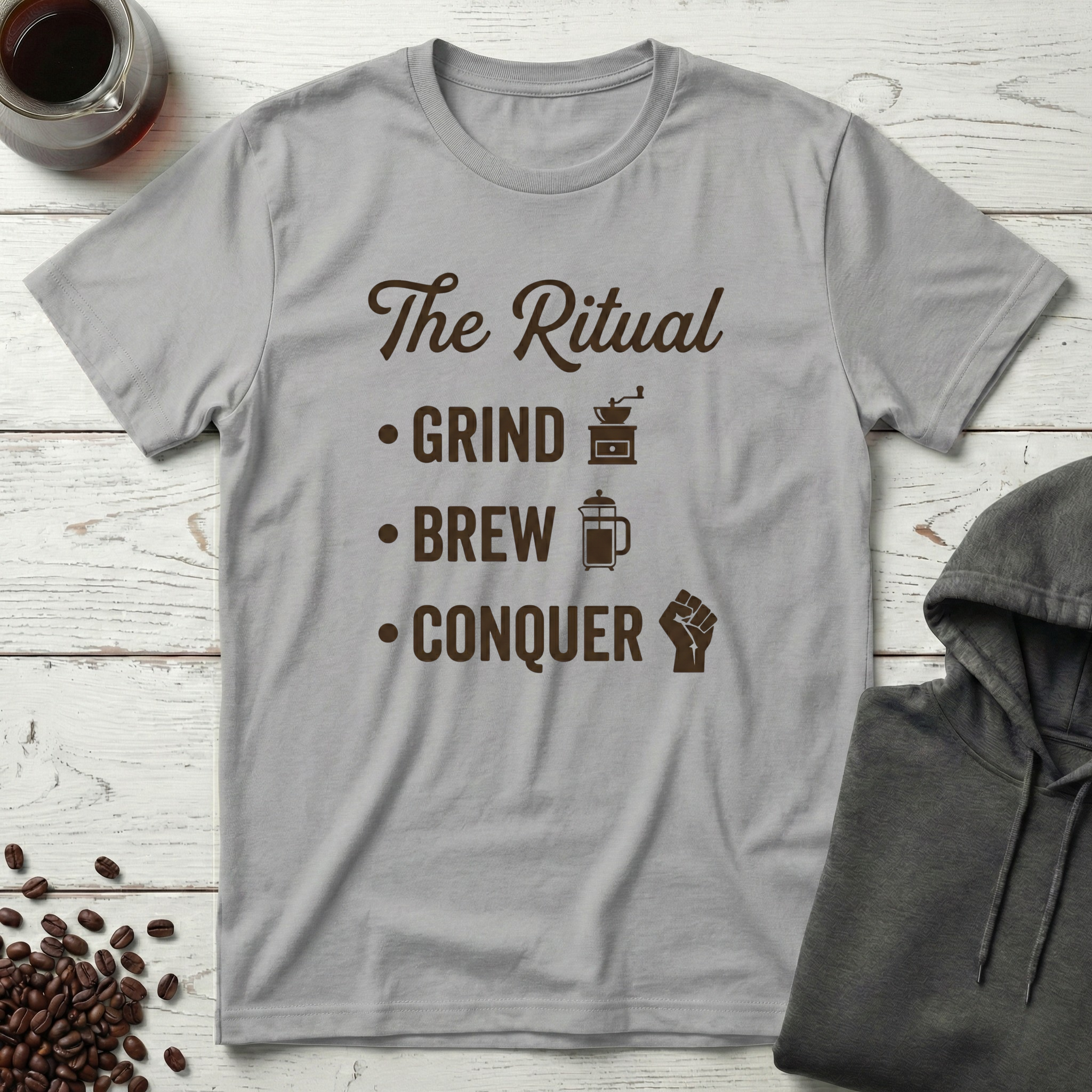 The Ritual Grind Brew Conquer Coffee T-Shirt