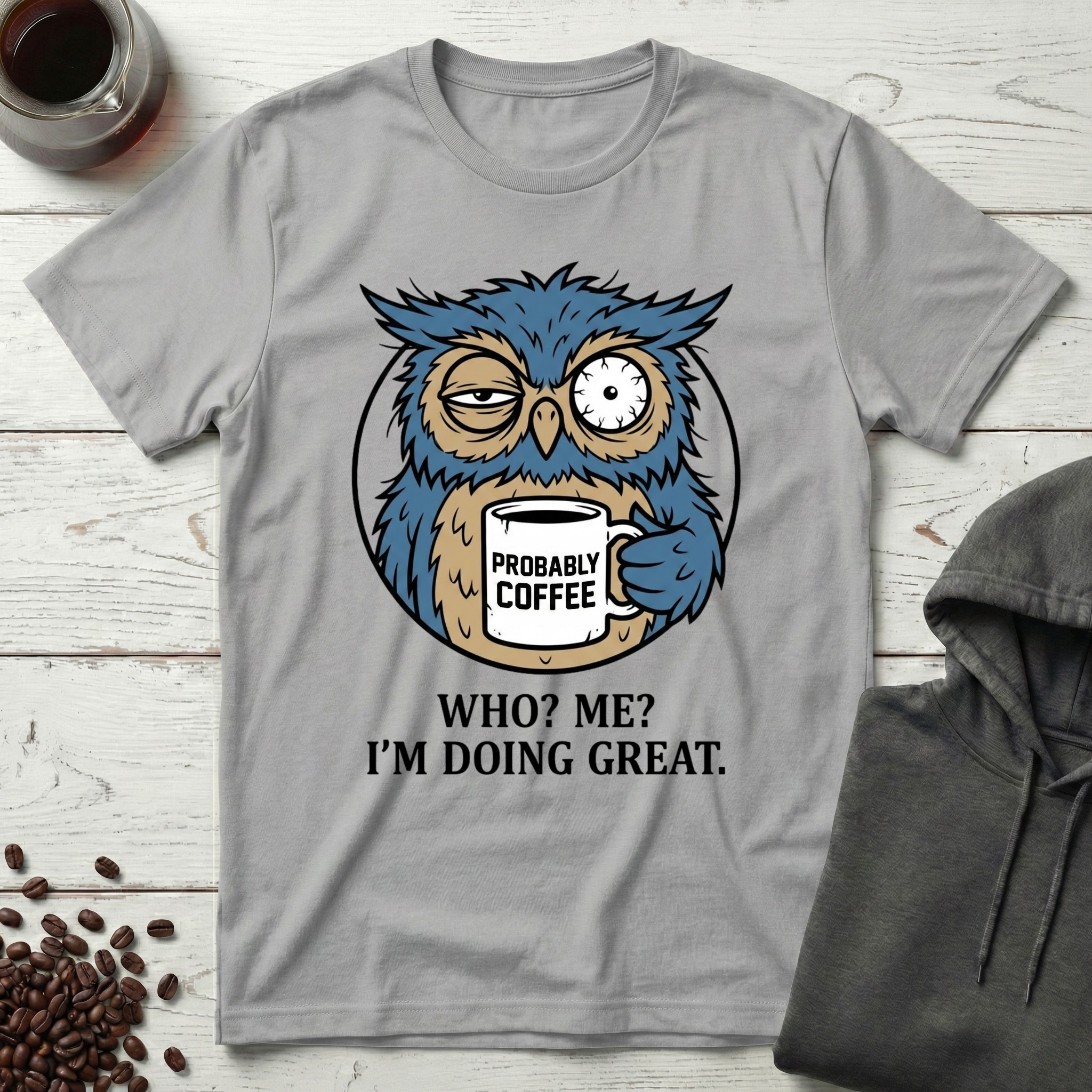 Who Me I'm Doing Great Probably Coffee Owl T-Shirt