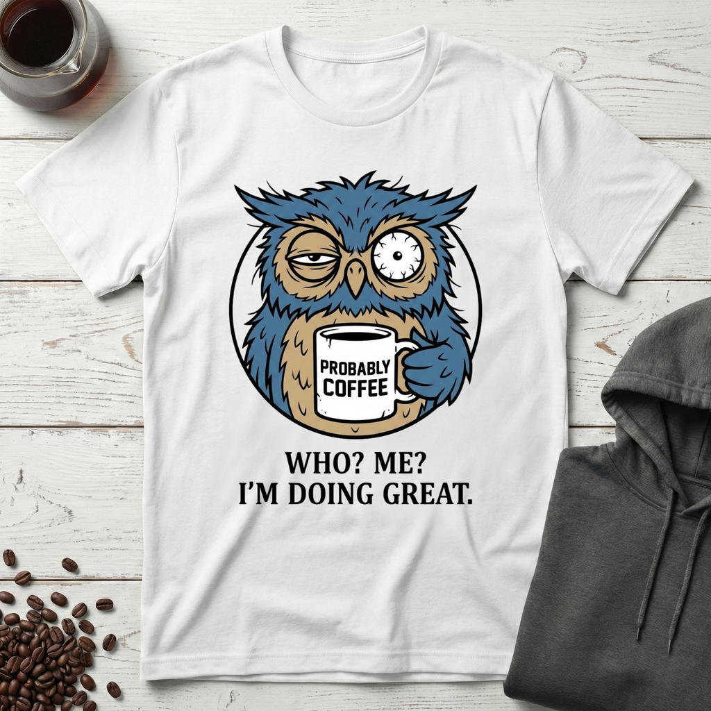 Who Me I'm Doing Great Probably Coffee Owl T-Shirt