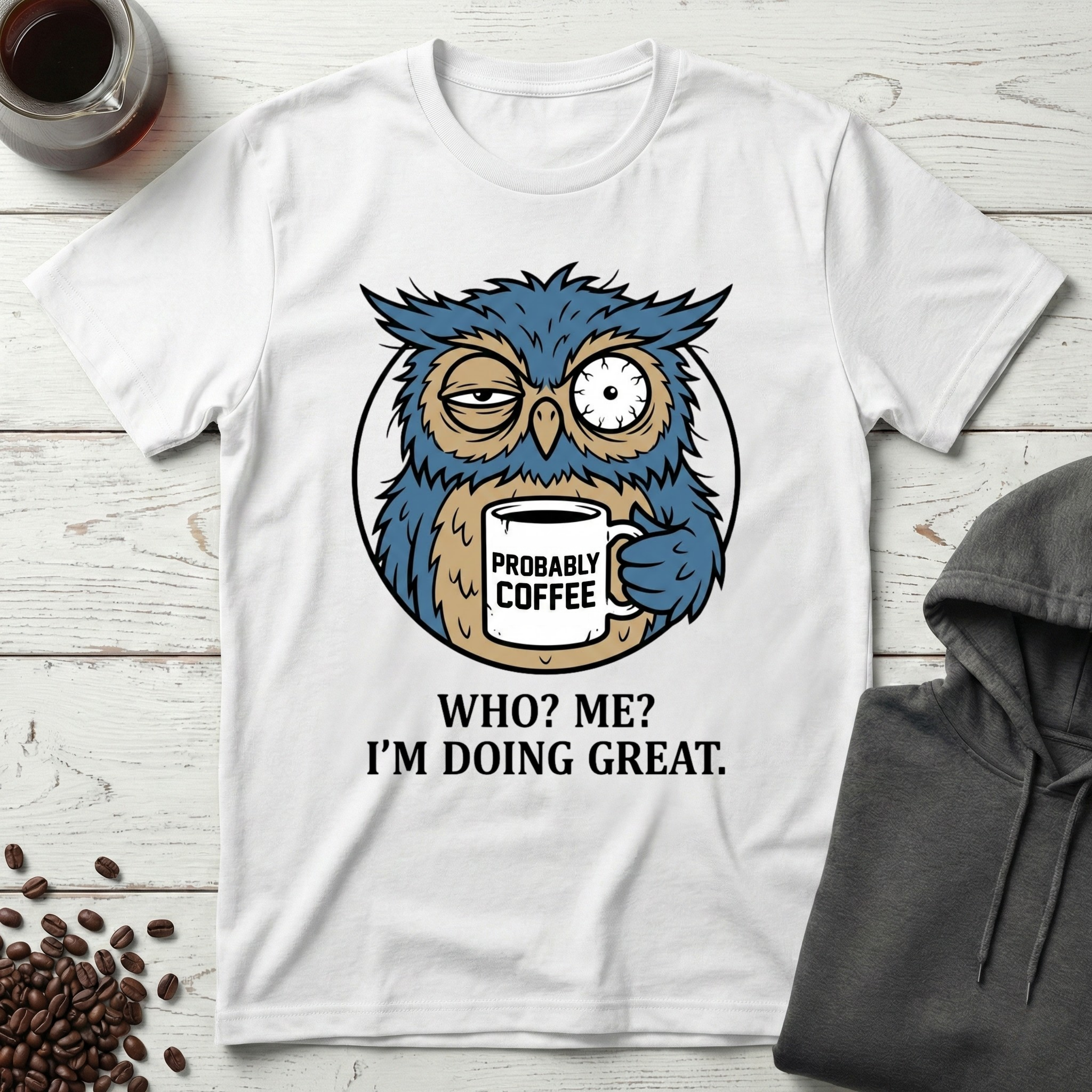 Who Me I'm Doing Great Probably Coffee Owl T-Shirt