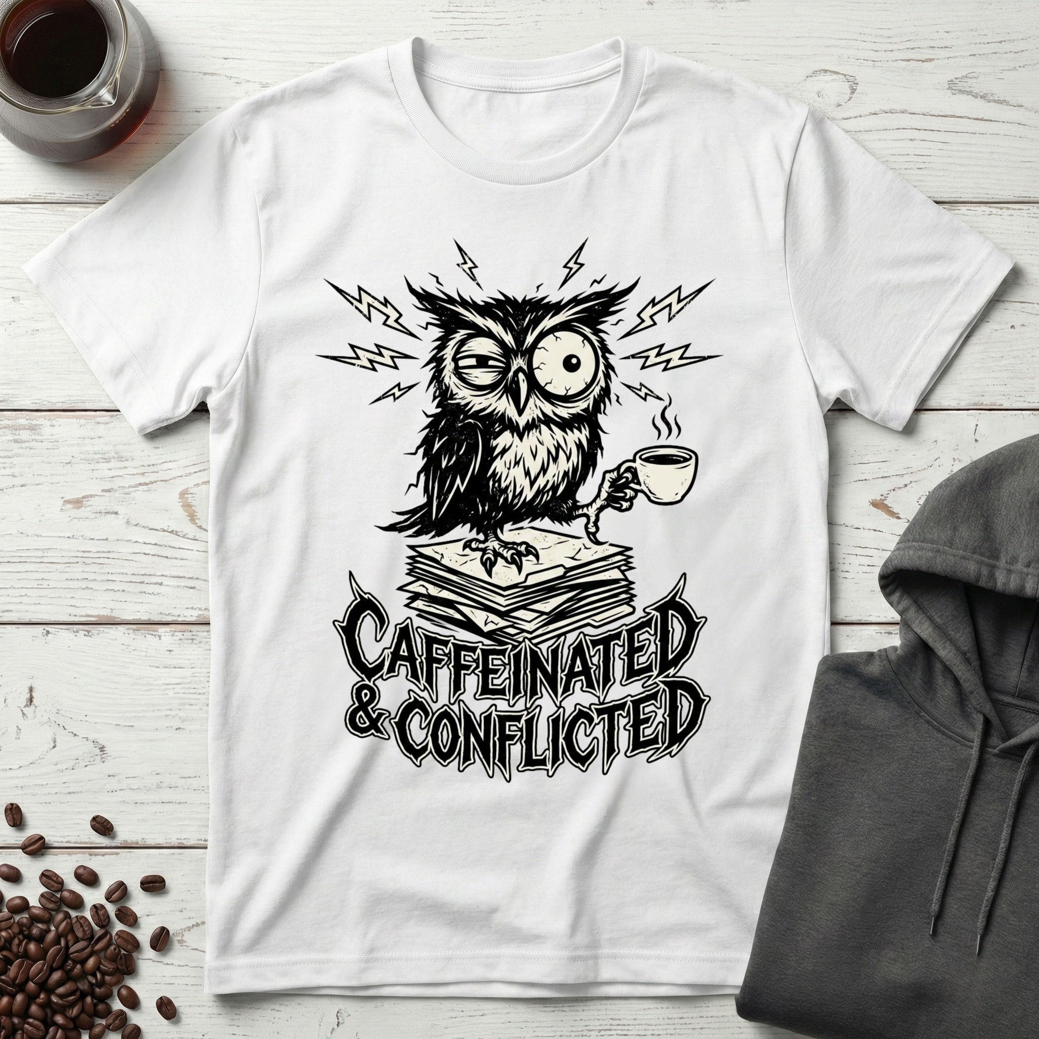 Caffeinated and Conflicted Owl T-Shirt