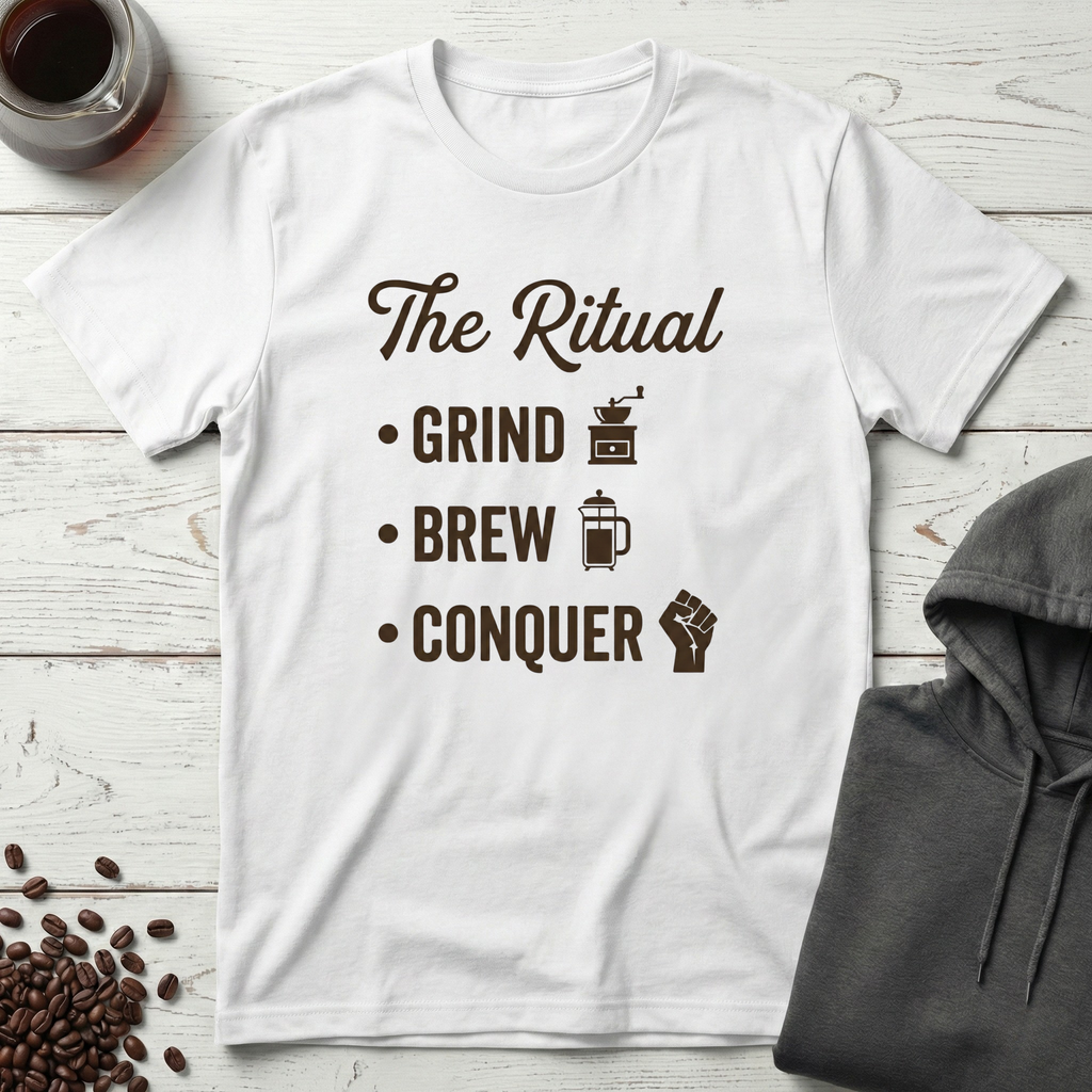 The Ritual Grind Brew Conquer Coffee T-Shirt