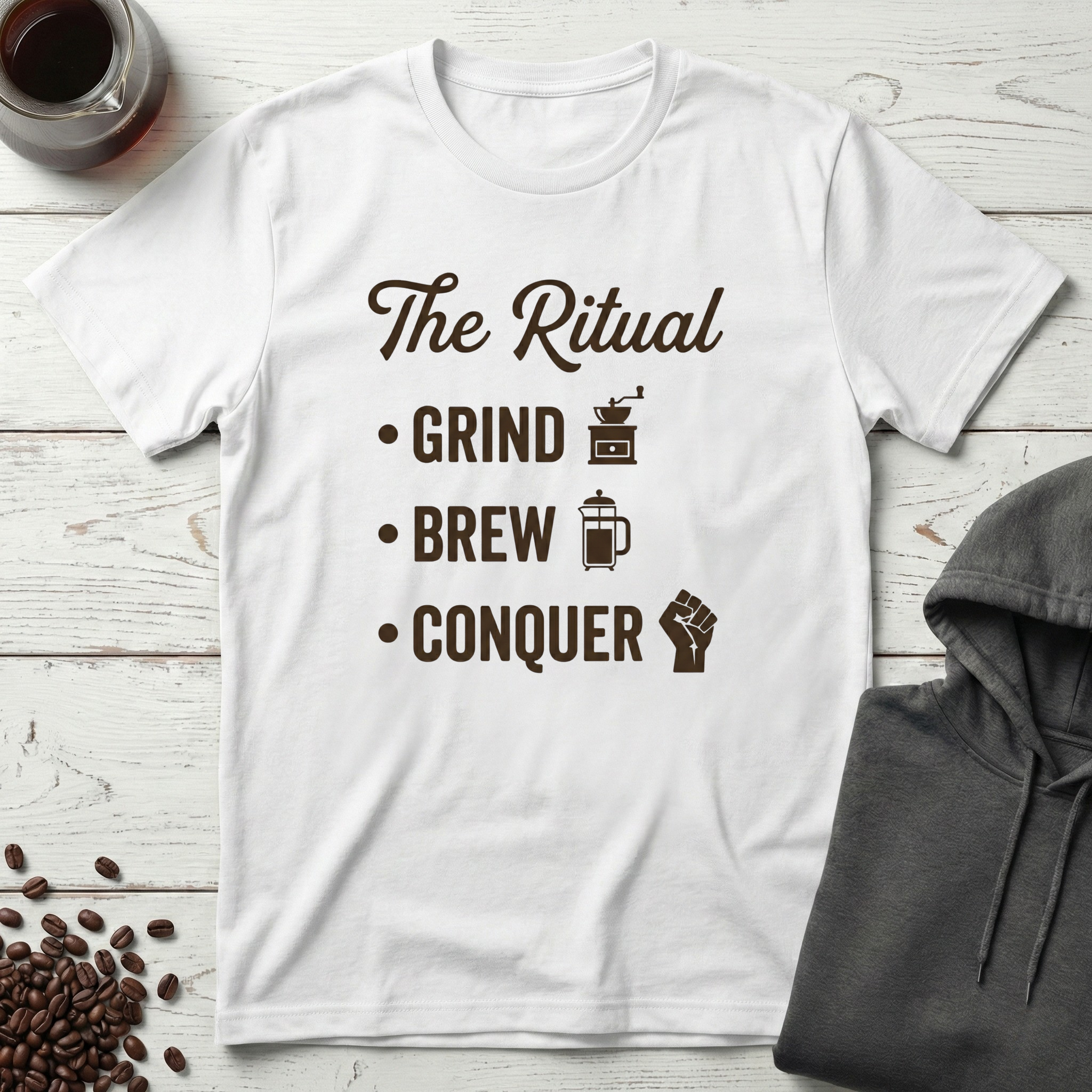 The Ritual Grind Brew Conquer Coffee T-Shirt