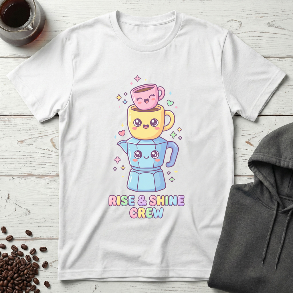Rise and Shine Crew Kawaii Coffee Stack T-Shirt